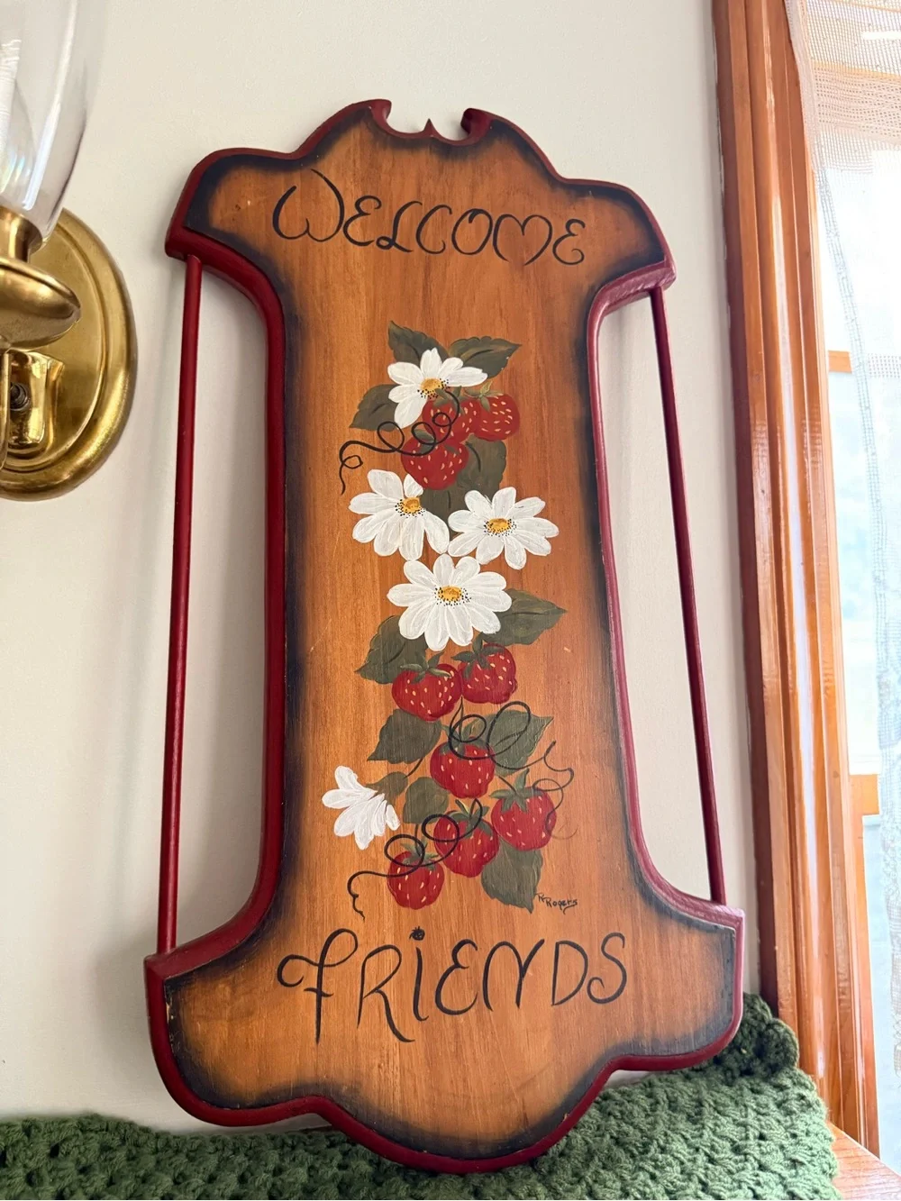 Welcome Friends Wooden Wall Sign - Red and Brown with Strawberries